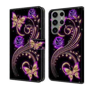 For Samsung Galaxy S23 Ultra Crystal 3D Shockproof Protective Leather Phone Case(Purple Flower Butterfly)