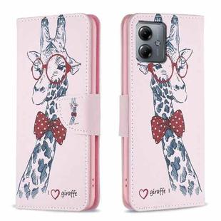 For Motorola Moto G14 4G Colored Drawing Pattern Leather Phone Case(Giraffe)