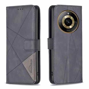 For  Realme 11 4G Magnetic Buckle Rhombus Texture Leather Phone Case(Black)