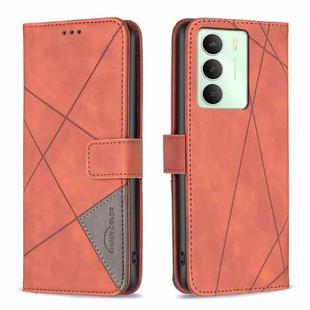 For Realme 14X 5G Magnetic Buckle Rhombus Texture Leather Phone Case(Brown)