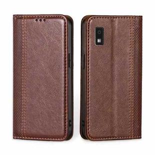 For Sharp Aqous Wish3 Grid Texture Magnetic Flip Leather Phone Case(Brown)