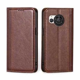 For Sharp Aquos R8 SH-52D Grid Texture Magnetic Flip Leather Phone Case(Brown)