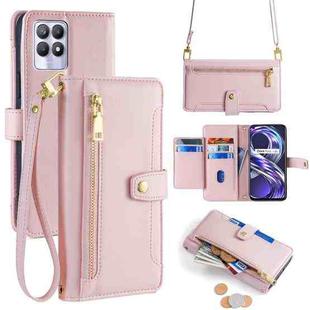 For Realme 8i Sheep Texture Cross-body Zipper Wallet Leather Phone Case(Pink)