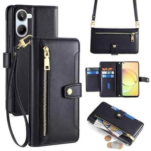 For Realme 10 4G Sheep Texture Cross-body Zipper Wallet Leather Phone Case(Black)