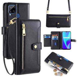 For Realme C15 Sheep Texture Cross-body Zipper Wallet Leather Phone Case(Black)