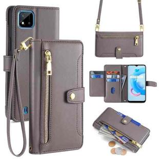 For Realme C20 Sheep Texture Cross-body Zipper Wallet Leather Phone Case(Grey)