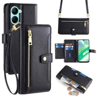 For Realme C33 4G Sheep Texture Cross-body Zipper Wallet Leather Phone Case(Black)