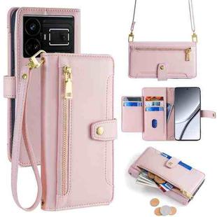 For Realme GT5 Lite Sheep Texture Cross-body Zipper Wallet Leather Phone Case(Pink)