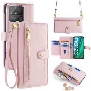 For Realme Narzo 50A Sheep Texture Cross-body Zipper Wallet Leather Phone Case(Pink)