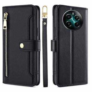 For Realme 12+ 5G Sheep Texture Cross-body Zipper Wallet Leather Phone Case(Black)