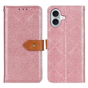 For iPhone 16 European Floral Embossed Leather Phone Case(Pink)