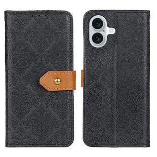 For iPhone 16 Plus European Floral Embossed Leather Phone Case(Black)