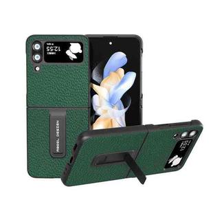 For Samsung Galaxy Z Flip4 Genuine Leather Litchi Texture Phone Case with Holder(Green)