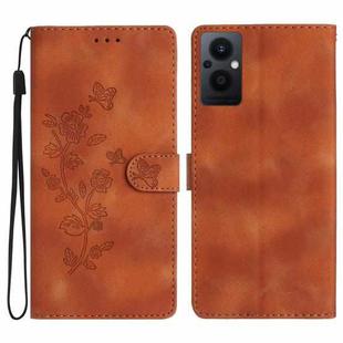 For OPPO Reno8 Lite 5G / Reno7 Z Flower Butterfly Embossing Pattern Leather Phone Case(Brown)