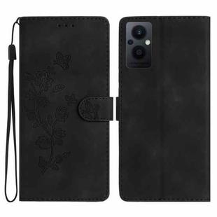 For OPPO Reno8 Lite 5G / Reno7 Z Flower Butterfly Embossing Pattern Leather Phone Case(Black)