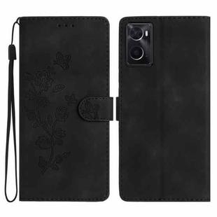 For OPPO A36 / A76 / A96 Flower Butterfly Embossing Pattern Leather Phone Case(Black)