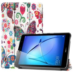 For Huawei MatePad T8 Coloured Drawing Pattern Horizontal Flip Leather Case with Three-folding Holder(Colorful Butterflies)