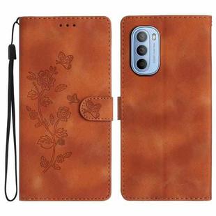 For Motorola Moto G62 5G Flower Butterfly Embossing Pattern Leather Phone Case(Brown)