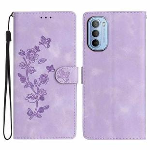 For Motorola Moto G62 5G Flower Butterfly Embossing Pattern Leather Phone Case(Purple)