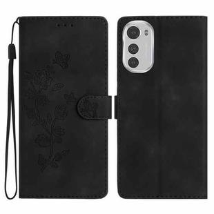 For Motorola Moto E32 Flower Butterfly Embossing Pattern Leather Phone Case(Black)