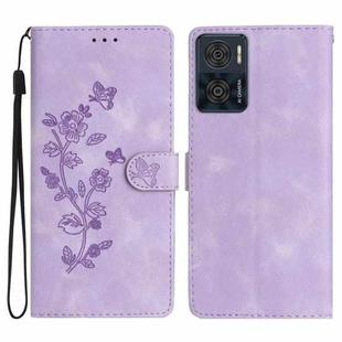 For Motorola Moto E22 Flower Butterfly Embossing Pattern Leather Phone Case(Purple)