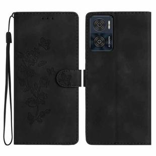 For Motorola Moto E22 Flower Butterfly Embossing Pattern Leather Phone Case(Black)