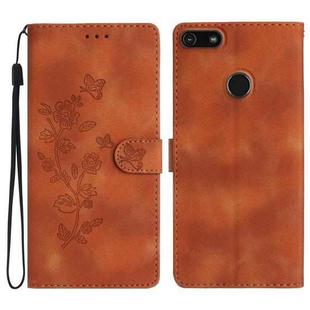 For Motorola Moto E6 Play Flower Butterfly Embossing Pattern Leather Phone Case(Brown)