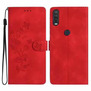 For Motorola One Action Flower Butterfly Embossing Pattern Leather Phone Case(Red)