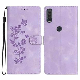 For Motorola One Action Flower Butterfly Embossing Pattern Leather Phone Case(Purple)