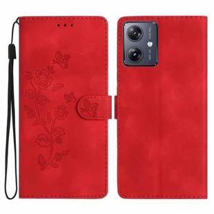 For Motorola Moto G14 4G Flower Butterfly Embossing Pattern Leather Phone Case(Red)