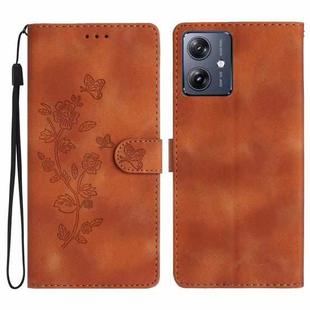 For Motorola Moto G14 4G Flower Butterfly Embossing Pattern Leather Phone Case(Brown)