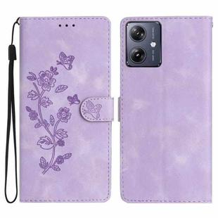 For Motorola Moto G14 4G Flower Butterfly Embossing Pattern Leather Phone Case(Purple)