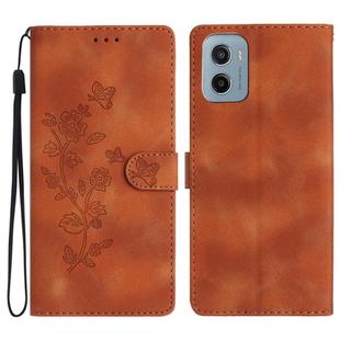 For Motorola Moto E15 Flower Butterfly Embossing Pattern Leather Phone Case(Brown)