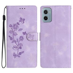 For Motorola Moto E15 Flower Butterfly Embossing Pattern Leather Phone Case(Purple)