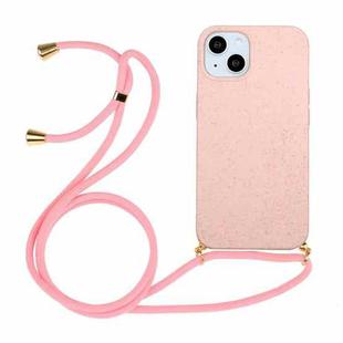 For iPhone 15 Wheat Straw Material + TPU Phone Case with Lanyard(Pink)