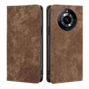 For Realme 11 5G RFID Anti-theft Brush Magnetic Leather Phone Case(Brown)