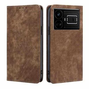 For Realme GT5 / GT5 240W RFID Anti-theft Brush Magnetic Leather Phone Case(Brown)