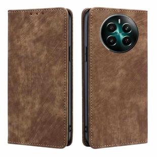 For Realme 12+ 5G RFID Anti-theft Brush Magnetic Leather Phone Case(Brown)