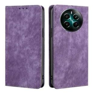 For Realme 12+ 5G RFID Anti-theft Brush Magnetic Leather Phone Case(Purple)