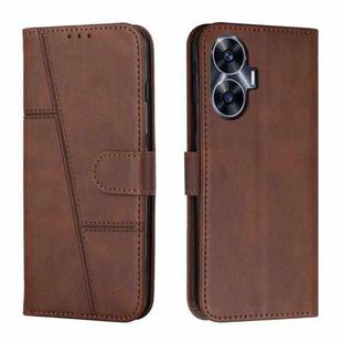 For Realme C55 Stitching Calf Texture Buckle Leather Phone Case(Brown)
