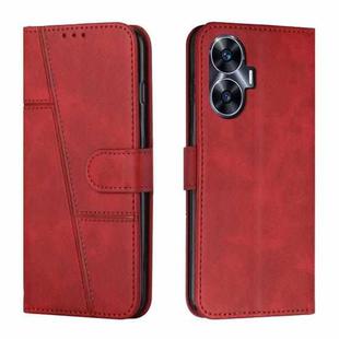 For Realme C55 Stitching Calf Texture Buckle Leather Phone Case(Red)