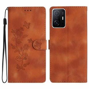 For Xiaomi 11T / 11T Pro Flower Butterfly Embossing Pattern Leather Phone Case(Brown)