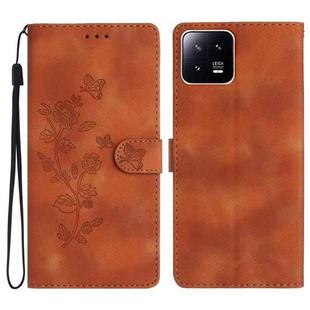 For Xiaomi 13 Flower Butterfly Embossing Pattern Leather Phone Case(Brown)