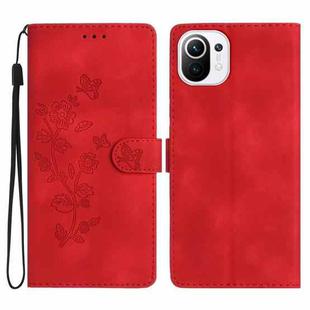For Xiaomi Mi 11 Lite Flower Butterfly Embossing Pattern Leather Phone Case(Red)