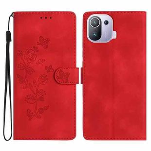 For Xiaomi Mi 11 Pro Flower Butterfly Embossing Pattern Leather Phone Case(Red)