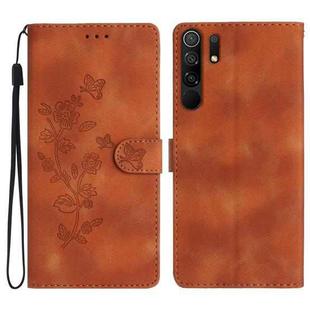 For Xiaomi Redmi 9 Flower Butterfly Embossing Pattern Leather Phone Case(Brown)