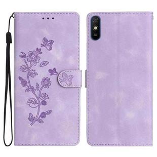 For Xiaomi Redmi 9A Flower Butterfly Embossing Pattern Leather Phone Case(Purple)