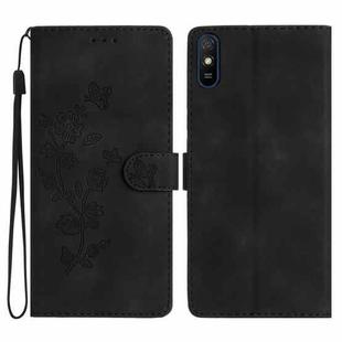 For Xiaomi Redmi 9A Flower Butterfly Embossing Pattern Leather Phone Case(Black)