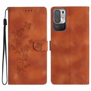 For Xiaomi Redmi Note 10 5G Flower Butterfly Embossing Pattern Leather Phone Case(Brown)