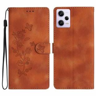For Xiaomi Redmi Note 12 Pro 5G Flower Butterfly Embossing Pattern Leather Phone Case(Brown)